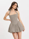 DACIA PLAID HALTER LACE UP BUBBLE HEM MINI DRESS
