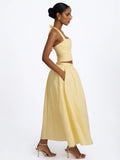 Wilsie Lemon Yellow Cotton Poplin Ruched Halter Top