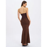 Giovana Espresso Sweetheart Draped Mesh Maxi Dress