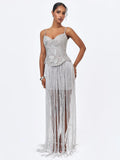 Olisa Silver Beaded Peplum Tassel Maxi Dress