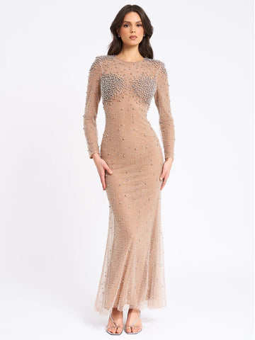 RITA Embroidered Mesh Silver Beaded Mermaid Gown