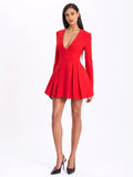 RED BLAZER PLEATED BUTTON UP LONG SLEEVE MINI DRESS