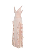 Talyssa Baby Pink Ruched Waist Double High Slit Maxi Gown