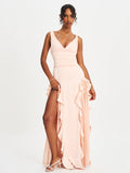 Talyssa Baby Pink Ruched Waist Double High Slit Maxi Gown