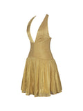 Xavia Gold Crystal Organza Plunging Halter Mini Dress