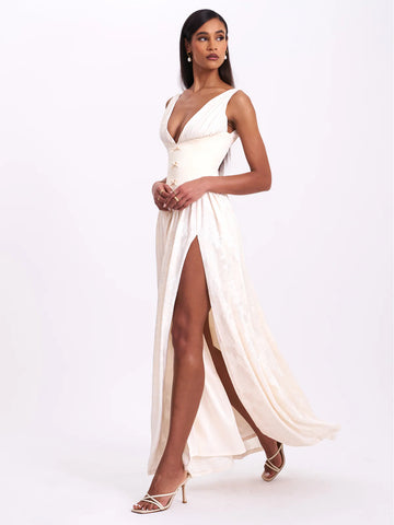SABRINA BUTTER YELLOW HIGH SLIT JACQUARD MAXI DRESS XXS SABRINA BUTTER YELLOW HIGH SLIT JACQUARD MAXI DRESS XXS