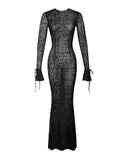 WAYLYNN BLACK VELVET DETAIL MESH BACKLESS MAXI DRESS