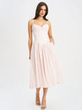 Zania Pink Stripe Ruched Breast Cotton Midi Dress