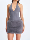 Daisy Grey Drop Waist Fur Trim Halter Mini Dress