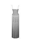Olisa Silver Beaded Peplum Tassel Maxi Dress