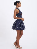 Yamina Navy Polka Dot Ramie Crossover Halter Gathered Mini Dress