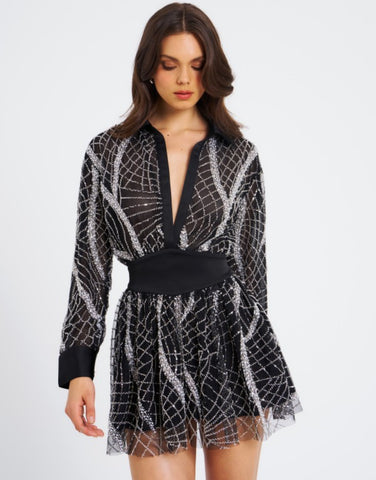 RACHELLE BLACK EMBROIDERED MINI SHIRT DRESS