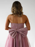 STRAPLESS TULLE BOW BACK GOWN
