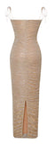 ROBE LONGUE EN MOUSSELINE DE SOIE FRONCÉE DORÉE 