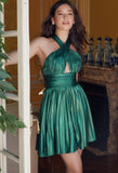 METALLIC HALTER NECKLINE ACCORDION PLEAT SHORT DRESS