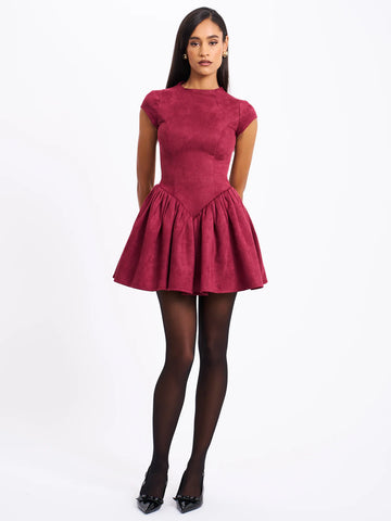 JACQUELINE BACKLESS BURGUNDY PUFFY SUEDE MINI DRESS Small JACQUELINE BACKLESS BURGUNDY PUFFY SUEDE MINI DRESS Small