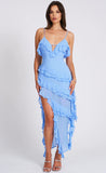 ROBE LONGUE À VOLANTS EN RAYONNE BLEUE THEODORA