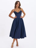 Ailani Navy Taffeta Smocked Midi Dress