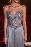 FITTED FRINGE GOWN WITH BEADED BODICE