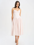 Zania Pink Stripe Ruched Breast Cotton Midi Dress