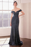 OFF SHOULDER STRAIGHT GLITTER GOWN