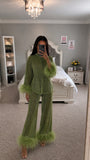 Feather-Trimmed Top and Wide Leg Pants Set