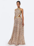 Quinnlyn Beige Cheetah Print Chiffon Halter Maxi Dress