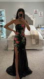 STRAPLESS FLORAL PATTERN SEQUIN DRESS