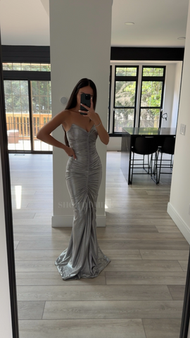 Sable Ruched Silver Glitter Mermaid Gown SHOP DDMINE Sable Ruched Silver Glitter Mermaid Gown SHOP DDMINE