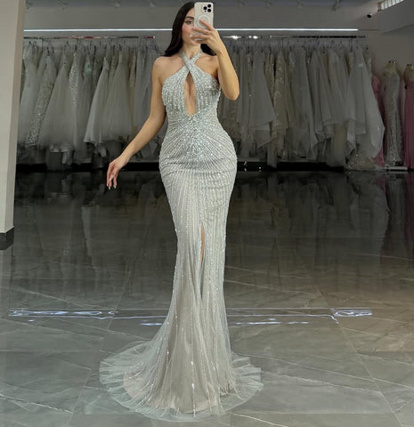 FITTED HALTER BEADED GOWN