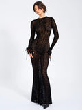WAYLYNN BLACK VELVET DETAIL MESH BACKLESS MAXI DRESS