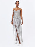 Olisa Silver Beaded Peplum Tassel Maxi Dress