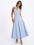 Winslet Sky Blue Striped Cotton Poplin Halter Maxi Dress