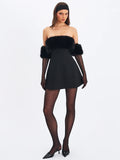 Evelyn Black Fur-trimmed Mini A-line Dress