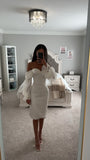 LYDIA PEARL SATIN OFF SHOULDER DRESS