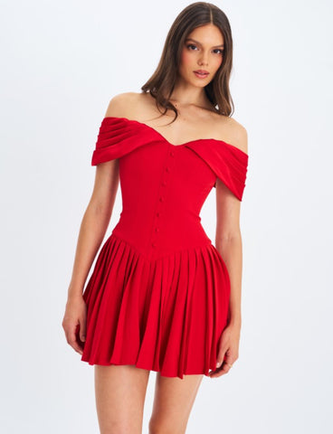 NARELLE CRIMSON OFF SHOULDER SWEETHEART MINI DRESS