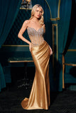 STRAPLESS BEADED BODICE AND SATIN SKIRT FITTED GOWN