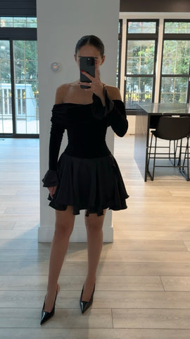 Magnolia Black Off-shoulder Layered Mini Dress