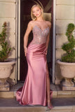 STRAPLESS BEADED BODICE AND SATIN SKIRT FITTED GOWN