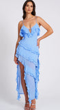 ROBE LONGUE À VOLANTS EN RAYONNE BLEUE THEODORA