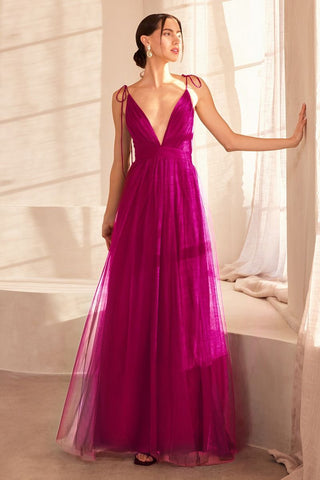 A LINE TULLE V NECK DRESS Medium / Fuchsia A LINE TULLE V NECK DRESS Medium / Fuchsia