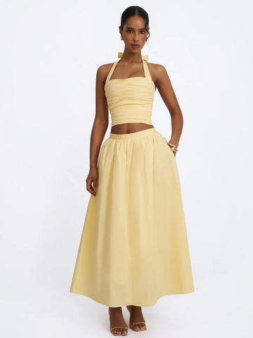 Wina Lemon Yellow Cotton Poplin Low-Waisted Maxi Skirt