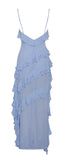 ROBE LONGUE À VOLANTS EN RAYONNE BLEUE THEODORA
