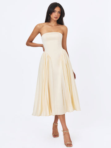 Marnie Butter Yellow Pleated Satin Midi Dress