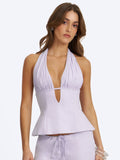 Quinzella Lavender Linen Plunging Halter Neck Top