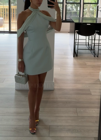 women's cyan off the shoulder dress Light Cyan Halter Off-shoulder Backless Mini Dress XS