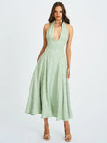 Magda Mint Green Deep V Neck Halter A-line Midi Dress