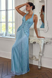 A-LINE FRINGE GOWN WITH EMBELLISHED HALTER BODICE