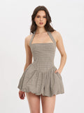 DACIA PLAID HALTER LACE UP BUBBLE HEM MINI DRESS