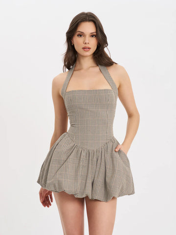 DACIA PLAID HALTER LACE UP BUBBLE HEM MINI DRESS